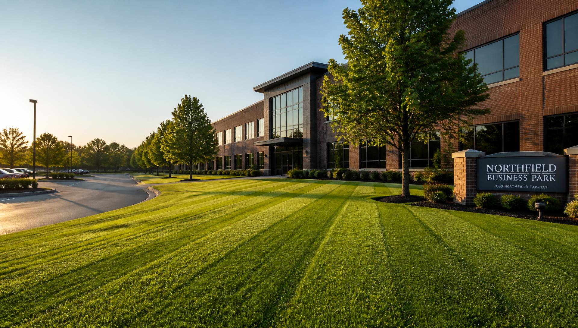 Commercial office building in Oxford, Michigan with a freshly mowed, professionally maintained lawn