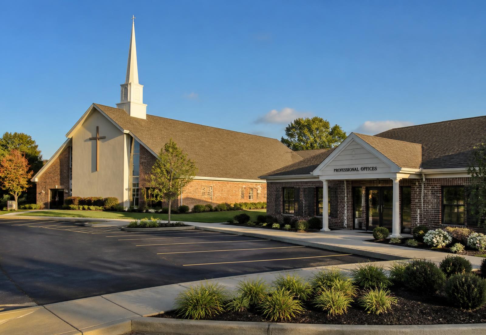 Well-maintained church and professional office building with tidy landscaping and clean parking lot